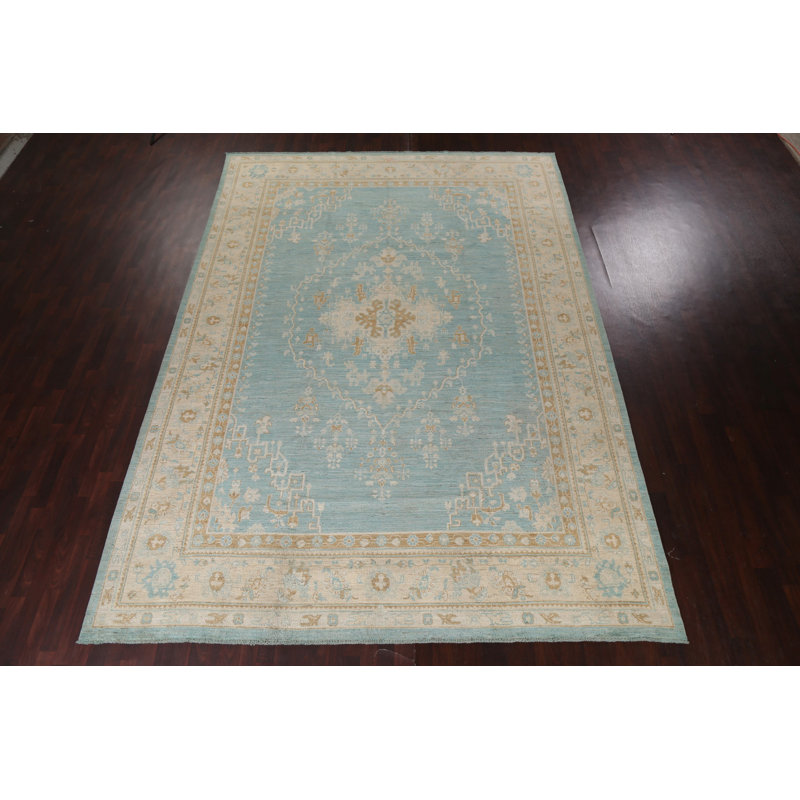 Tapis bleu / beige en laine noué à la main de conception unique 10 pi x 14 pi