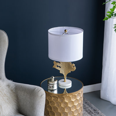 Leaf Table Lamp – Marble Base & White Drum Shade (assembly Needed), Artistic Modern Decor For Bedside/study/end Table Lighting