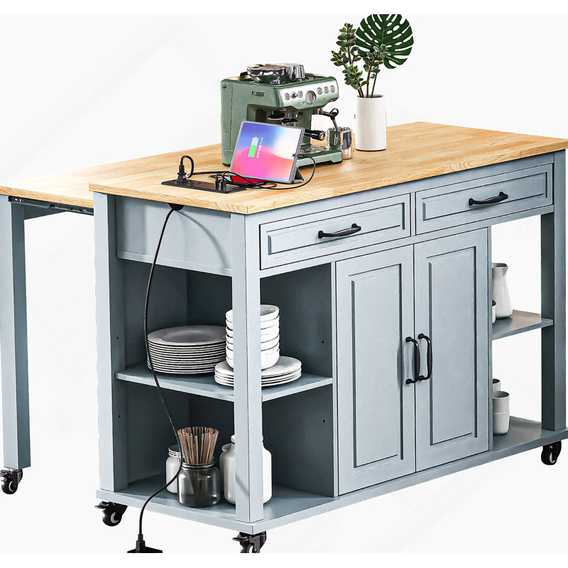 Îlot de cuisine de 47 po avec table de salle à manger extensible, table de cuisine en placage de bois d'hévéa avec support de rangement interne, prise de courant, îlot de cuisine avec rangement 2 tiroirs et 2 armoires, gris-bleu