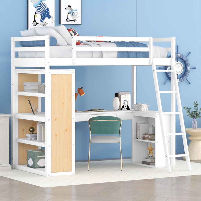 Lit mezzanine avec échelle, tablettes et bureau