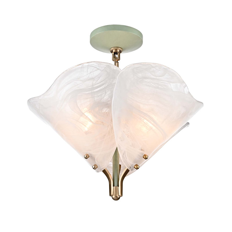 Suspension Florenza à 2 lumières de 40,6 cm (16 pouces) en laiton satiné/sauge avec verre vaporeux effet nuage.