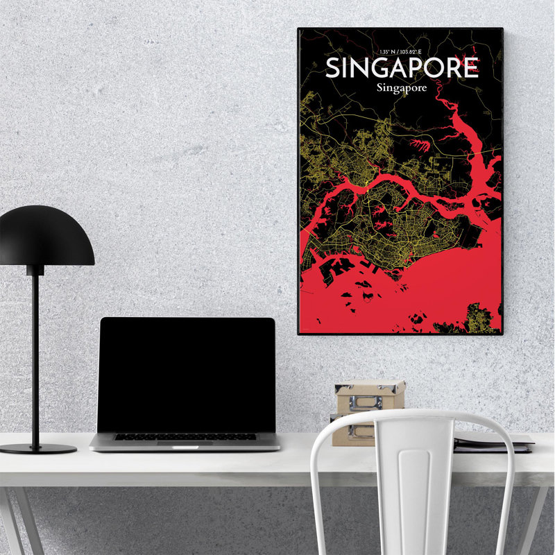 Carte de la ville de Singapour, impression, Noir / rouge / jaune, H 36 po x l 24 po