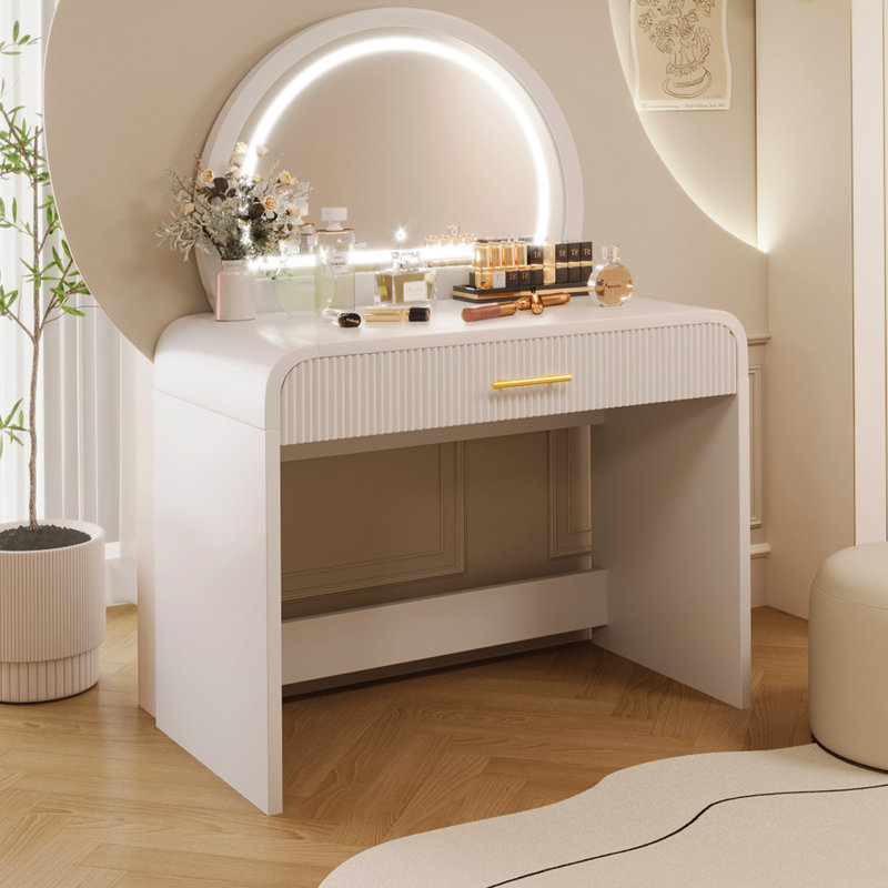 White 39" Bedroom Makeup Vanity Table. Touch Screen Lighted Mirror And Drawer. Curved Design For Beauty. Adequate Storage Space. User-. Simple Installation