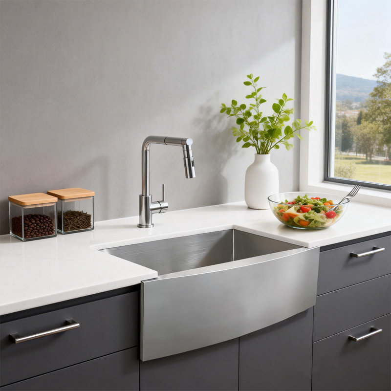 33X21 Inch  Farmhouse Kitchen Sink Apron Front Single Bowl, Brushed Nickel