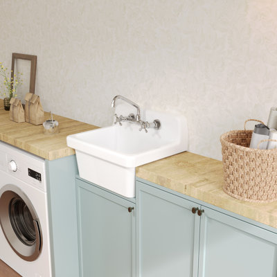 Ellai White Ceramic Utility Sink 24" Wall Mount Laundry Room Sink with 8 Inch Center Chrome Faucet