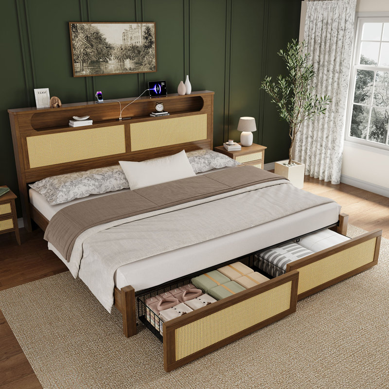Structure de lit moderne en rotin avec rangement pour tête de lit et ports de chargement USB, Grand lit, Noyer foncé
