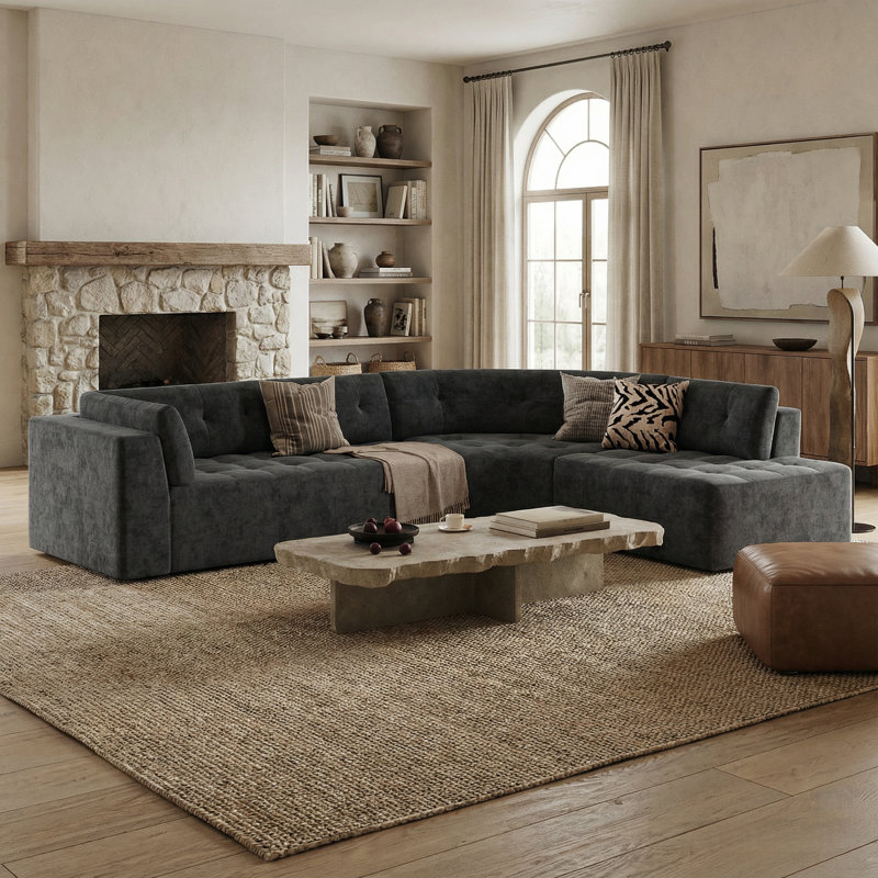 Canapé modulaire courbé contemporain de 119 po avec revêtement capitonné Arcadia Boneless, Gris