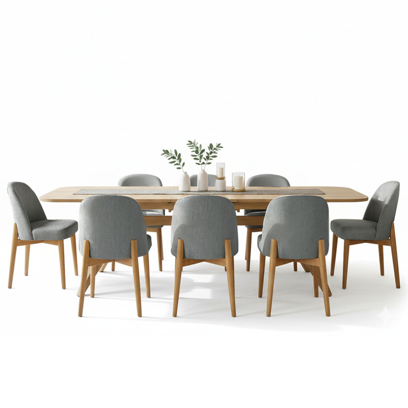 9-Piece Wood Dining Set with 8 Upholstered Chairs and Extendable Trestle Table, Gray