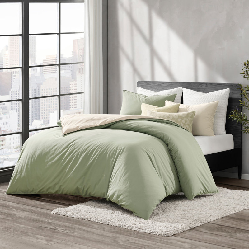 DKNY Reversible Vintage Washed Cotton King Duvet Set, Green, King Duvet Cover + 2 King Shams