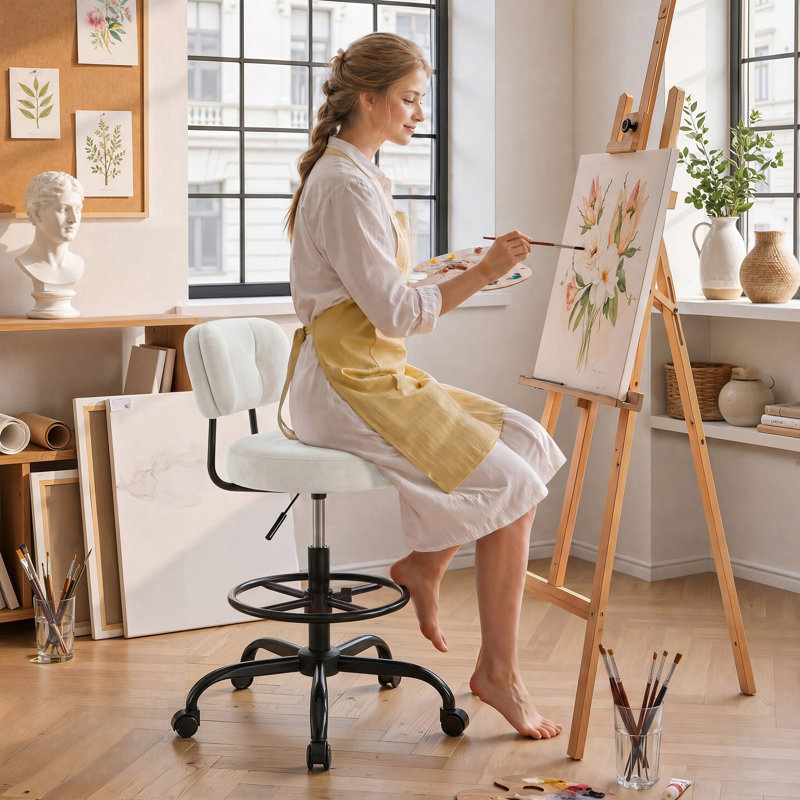 Drafting Chair, Velvet, White