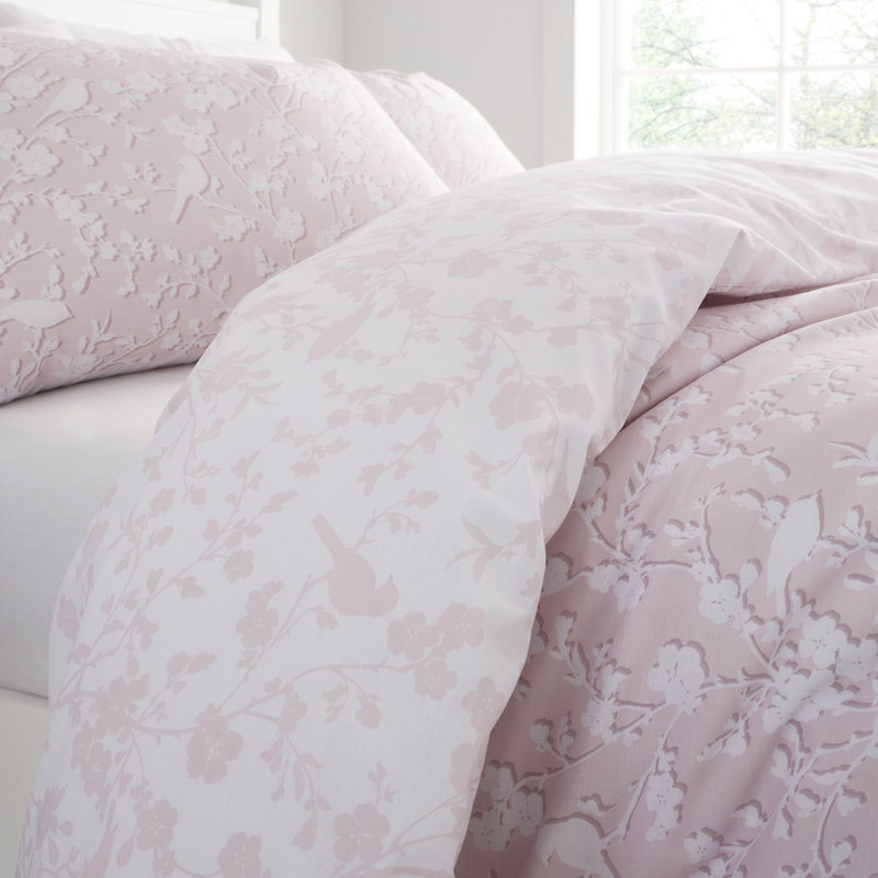 Floral Birds 100% Cotton Reversible Duvet Cover Set, Single - 1 Standard Pillowcase, Pink