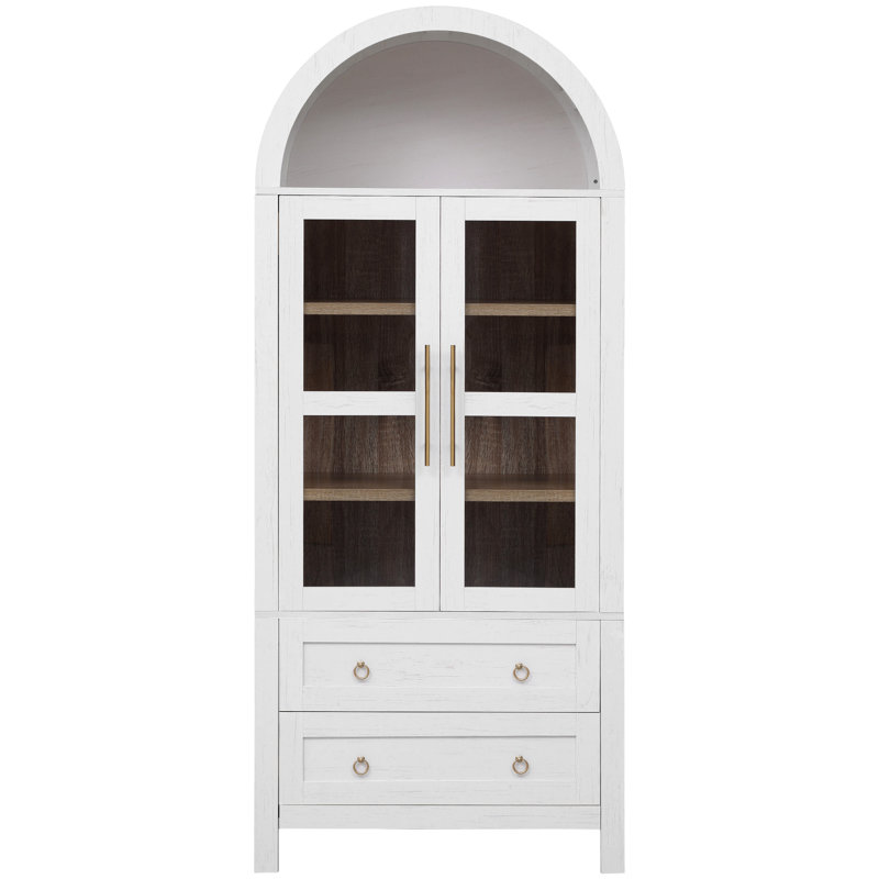 71-Inch High Arched Kitchen Cutlery Cabinet With 2 Large Drawers, Modern Farmhouse Storage Cabinet With Adjustable Shelves, Glass Door