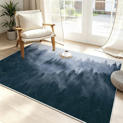 Green Landscape Fir Forest Hipster Vintage Pine Tree Fog Fantasy Beautiful Machine Washable Indoor Area Rug