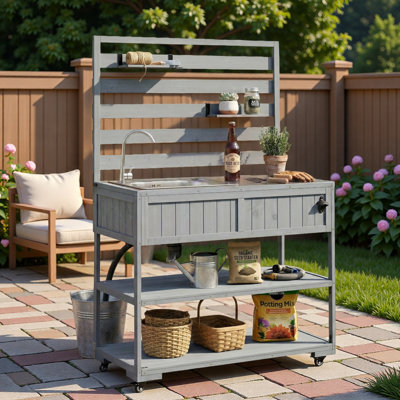 Large Patio Rolling Kitchen Island Cart With With Sink, Stainless Table Top, Open Shelving, 2 Movable Shelves And 1 Bottle Opener