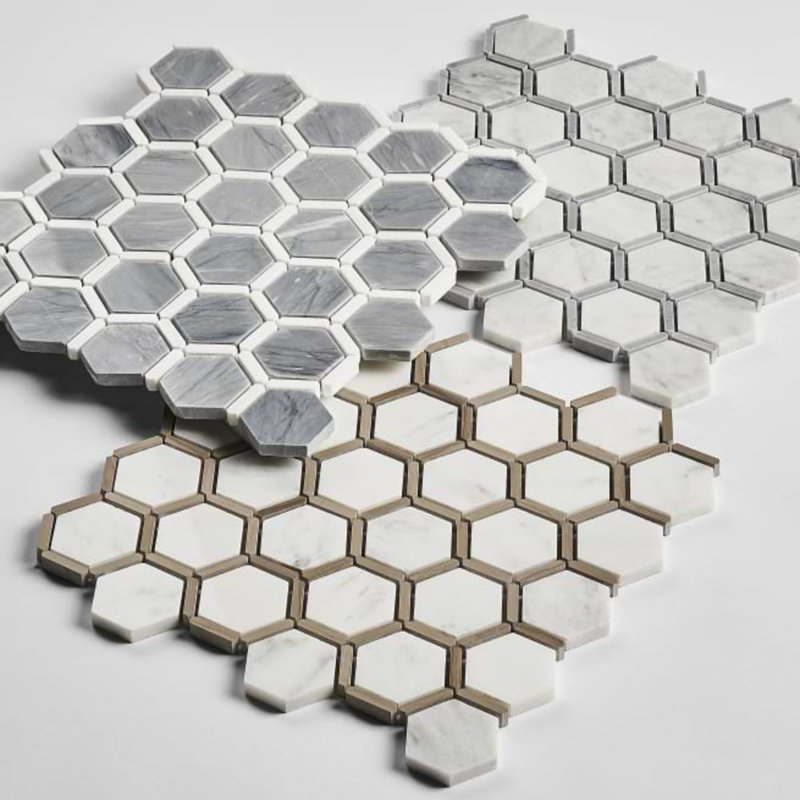 Florentine 2"Hexagon Polished Marble Mosaic, Asian Statuary White/Gray