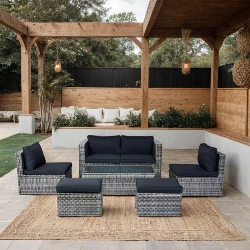 Ensemble de conversation modulaire en osier 6 pièces pour patio