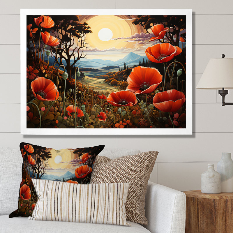 «Countryside Red Poppy Field III», reproduction d'art sur toile, H 34 po x l 44 po x P 1,5 po, Cadre simple blanc