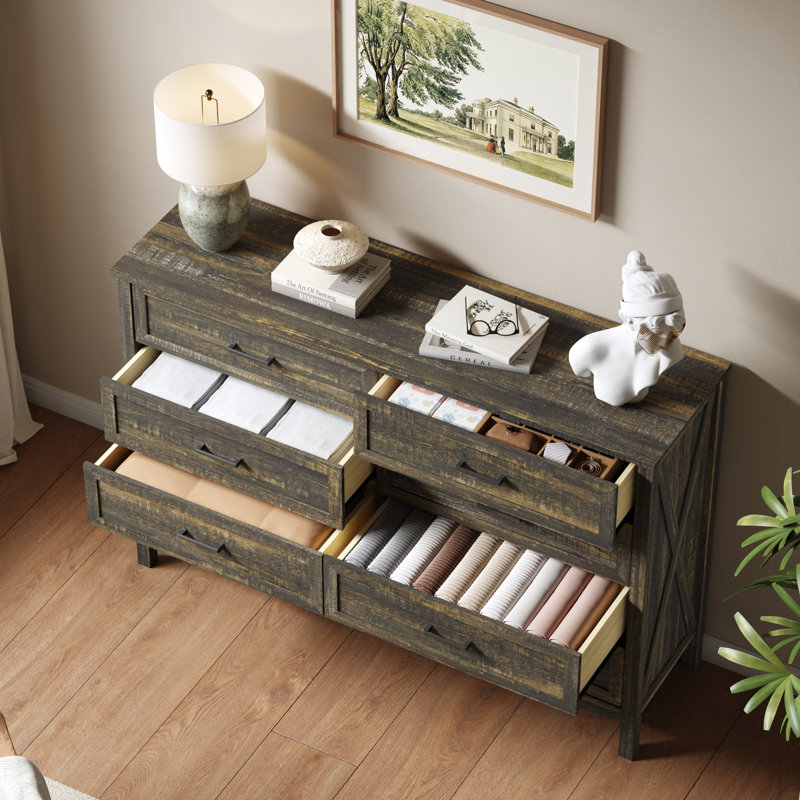 Commode 8 tiroirs Farmhouse, commode en bois avec panneau rustique pour chambre à coucher, couloir, Chêne rustique foncé