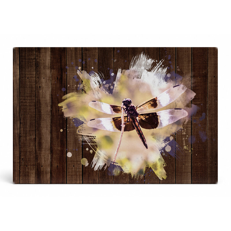 Libellule sur bois patiné - art mural sur toile, 14" W x 11" H