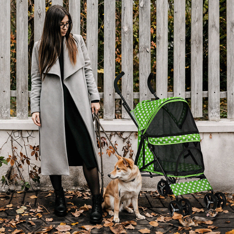 Lawn Green Polka Dot Foldable Pet Stroller with Mesh Windows