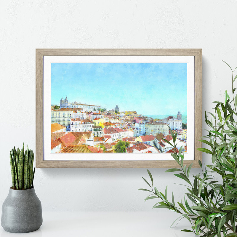 Skyline of Alfama Lisbon Portugal - Picture Frame Painting Print, Oak Framed, 62cm H x 87cm W x 2cm D