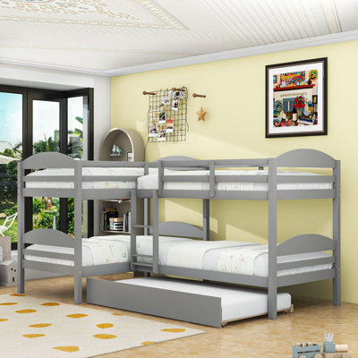 Twin And Twin Wooden L-Shaped Bunk Bed With Twin Trundle