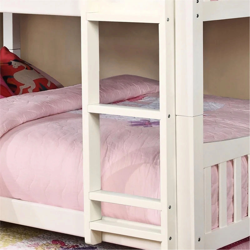 Lit superposé double de style transitionnel avec finition blanche, en bois massif attaché, 13 pièces Lattes pour le haut et le bas, structure à joints spéciaux pour rails, matelas pour lit gigogne exclu des deux lits,