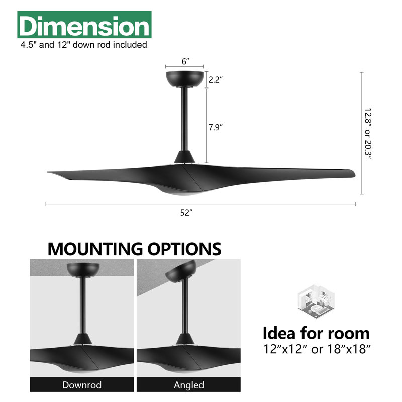 52'' Black Indoor Ceiling Fan with LED Light and Remote