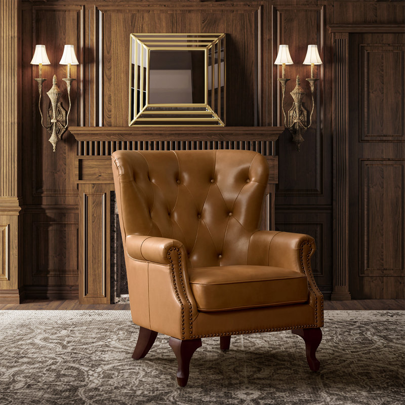 Ansumana 31.5" W Genuine Leather Wingback Armchair with Nailhead Trim, Camel Genuine Leather