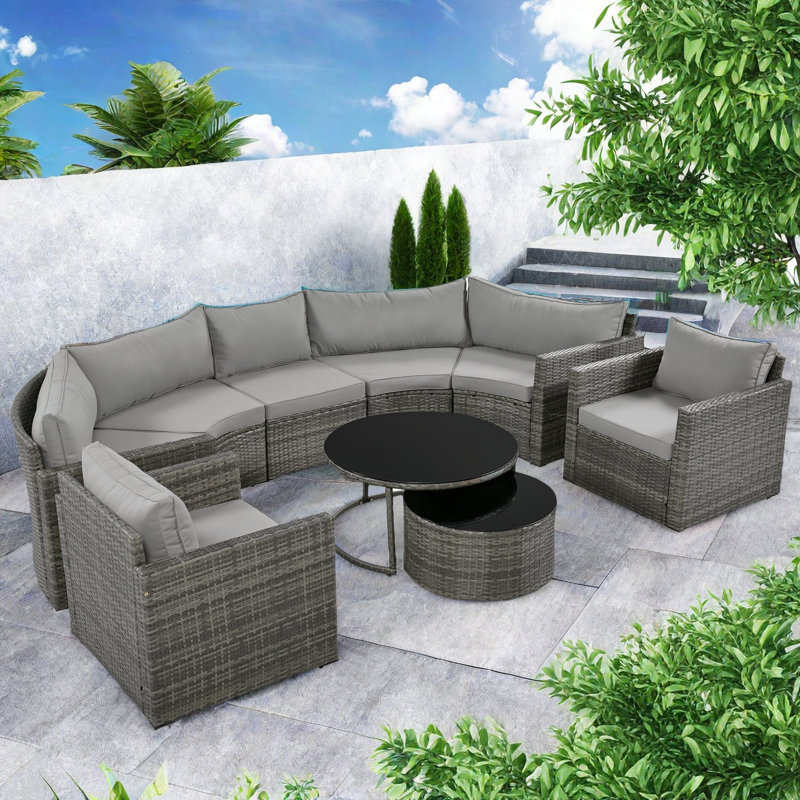 Brusnice 9-pieces Outdoor Half-moon Wicker Patio Sofa Set With 1 Nesting Coffee Table And Tempered Glass Top