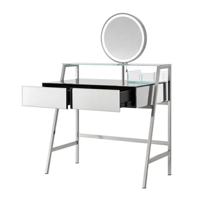 Meuble-lavabo à miroir 33,9 po avec miroir et lumières, coiffeuse à miroir avec 2 grands tiroirs et tablette ouverte, coiffeuse avec station de charge pour la chambre à coucher, argent