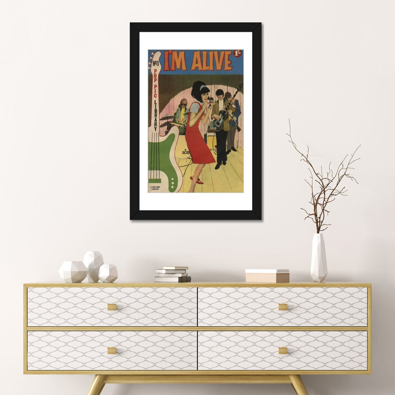« i suis alive », affiche rétro sur toile, H 24 po x l 16 po x P 1 po, Papier avec cadre noir, Blanc