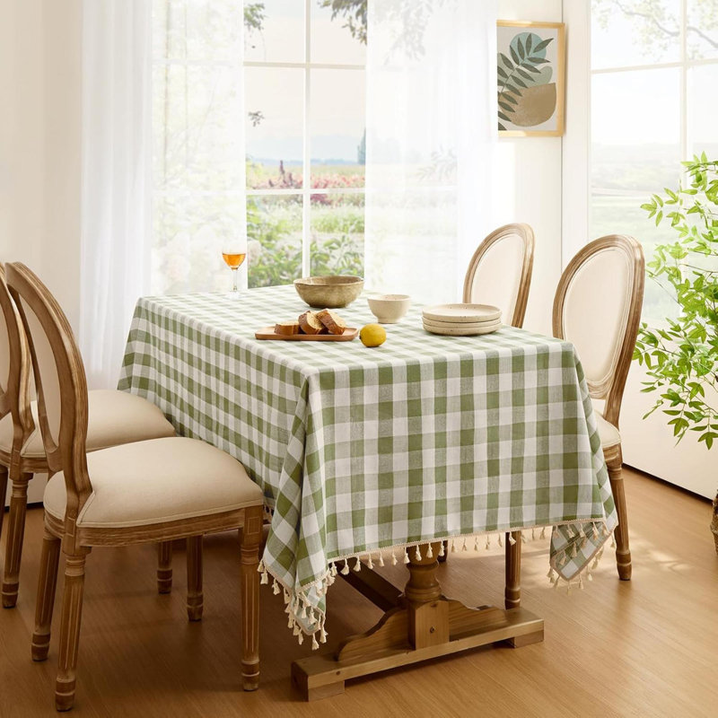 Checkered Tablecloth Rectangle, Linen Cotton Gingham Boho Table Cloth With Tassel, Washable Wrinkle Free Buffalo Plaid Table Cover For Dining/Party/Outdoor
