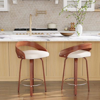 Swivel Bar Height Stools With Low Back, Wood Bar Chairs With Soft Cushion Seat (set Of 2)