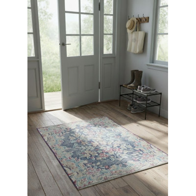 Tapis oriental délavé semi-antique à motif floral 1 pi 6 po x 2 pi 3 po