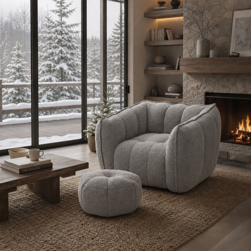 Fauteuil à billes gris avec repose-pieds - 41 po de large en chenille pour jouer, lire et se détendre, Grey