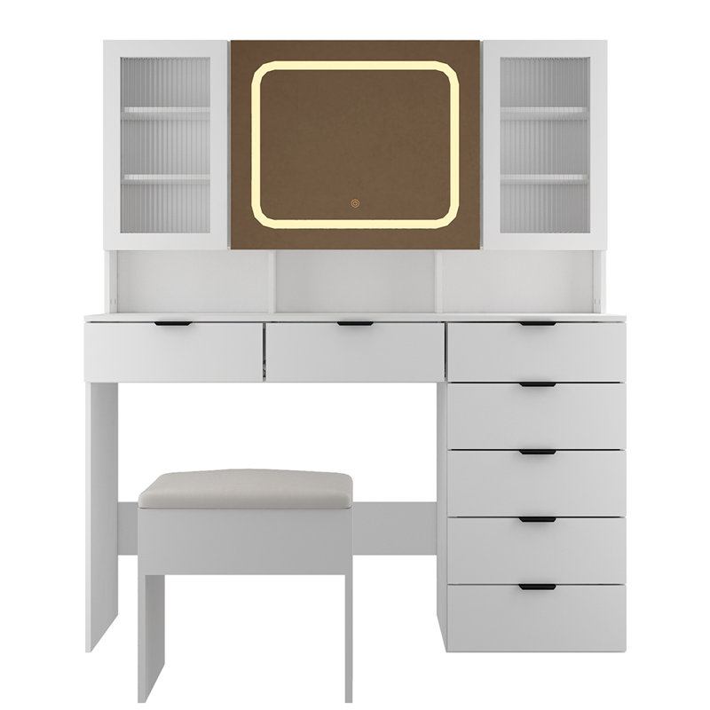 Ensemble de coiffeuse avec miroir lumineux à DEL, Noir, noir, noir, noir, Blanc