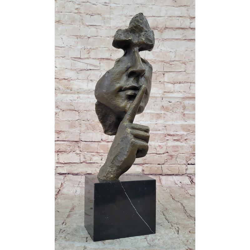 Sculpture abstraite visage de bronze Dali - statue silencieuse se taisant sur base de marbre