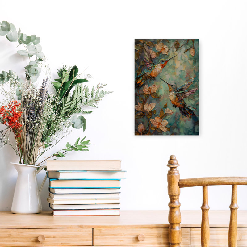 Art mural abstrait contemporain avec colibris, 60" H x 40" W