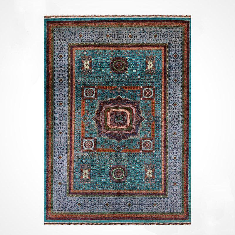 Tapis en laine et coton bleu sarcelle original noué à la main à motif mamelouk