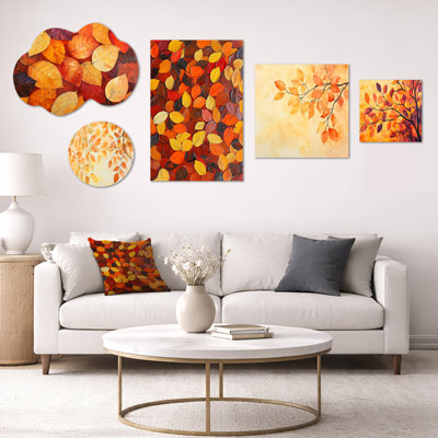 «Autumn Leaves in Canada - Large Orange Botanical Wall Decor», ensemble de 5 toiles encadrées et en métal (100 po x 40 po)