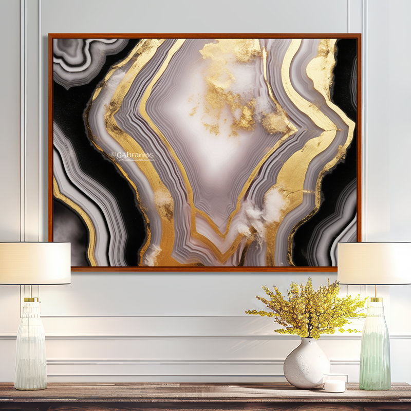 Opulent Glam Agate noir doré II - salon d'art mural en marbre, Cadre flottant doré, H 20 po x l 12 po x P 1 po