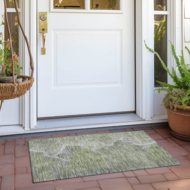 Machine Washable Indoor/Outdoor Xhevrie Green Rug, Rectangle 1'8" x 2'6"