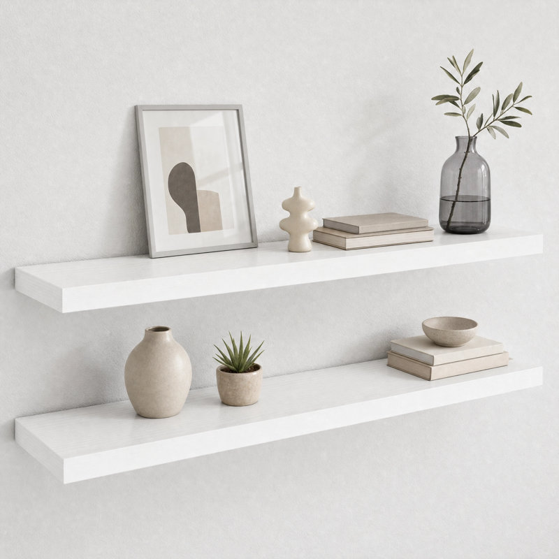 Ensemble de 2 tablettes murales flottantes de 9,3 po de profondeur à fixation murale, 1.5" H x 48" W x 9.3" D, Blanc