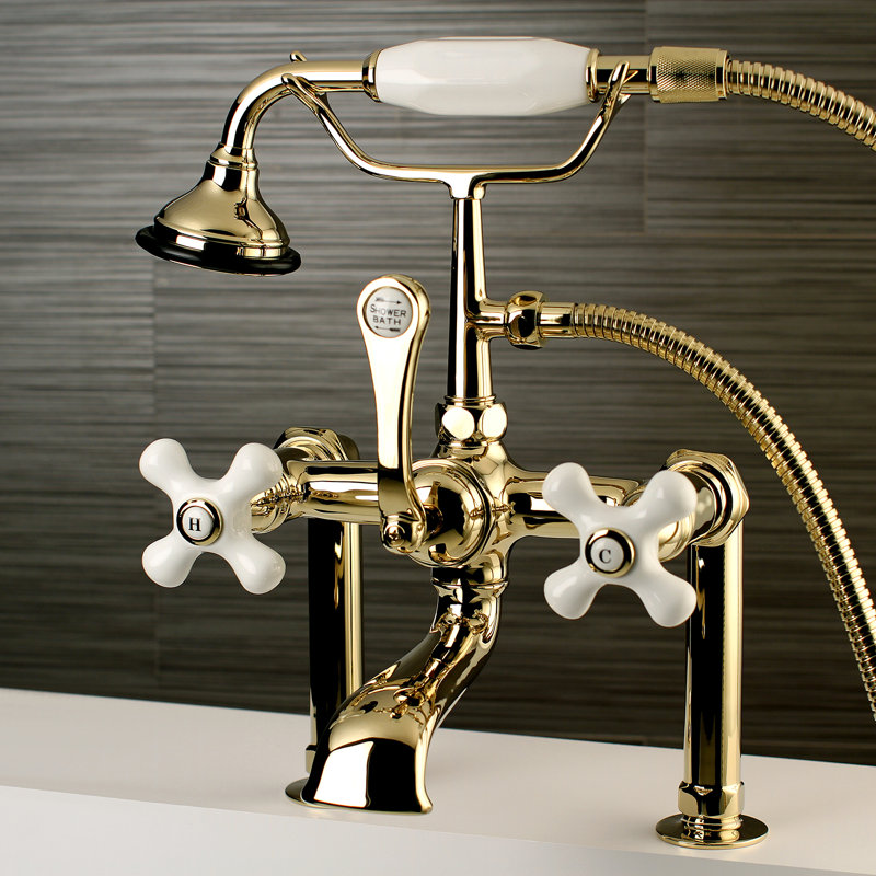 Kingston Brass Aqua Vintage Three-Handle 2-Hole Deck Mount Clawfoot Tub Faucet with Hand Shower, Polished Brass