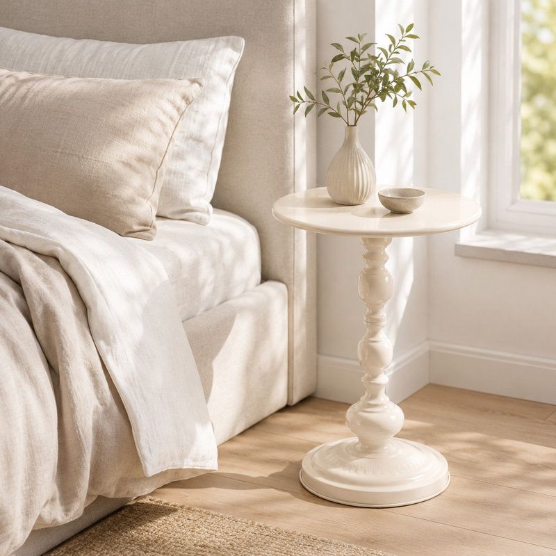 Vintage Round Metal Side Table, Sofa & Bedside Accent Table for Small Spaces, Cream White, 1