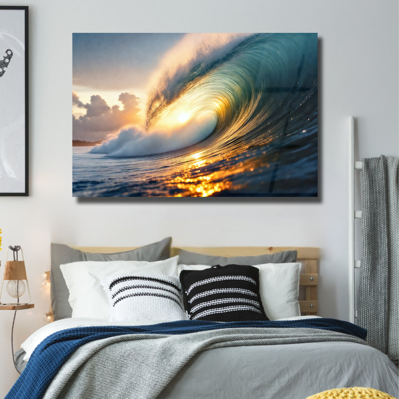 Art mural en verre trempé Sunset Ocean Wave, 12" H x 16" W