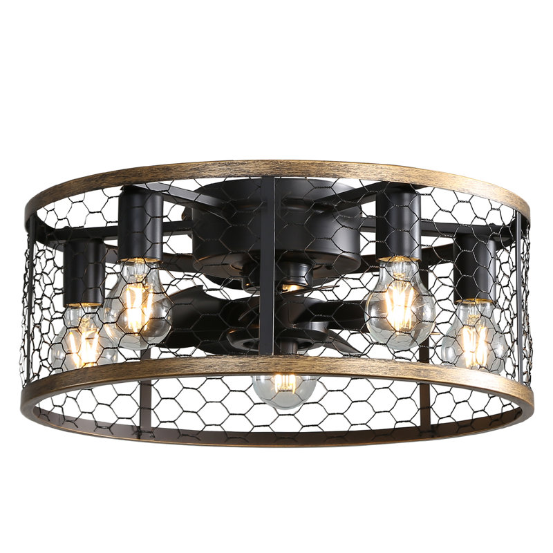 20" 7 - Blade Black Caged Flush Mount Ceiling Fan with Remote Control and Light Kit Included