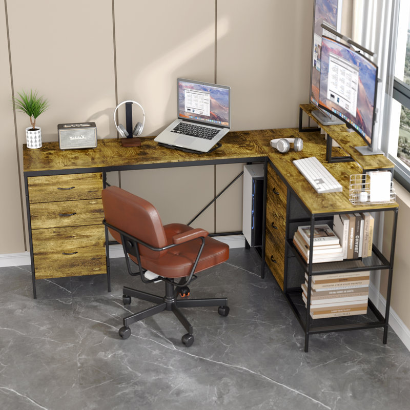 Bureau en L 114 po avec concentrateur électrique, bureau de jeu industriel - 6 tiroirs, support pour écran amovible, bureau rustique brun