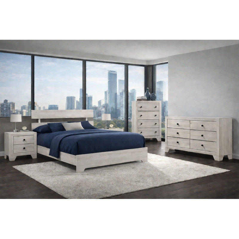 Ensemble de chambre à coucher avec lit plateforme moderne au fini blanc, Twin, 5 pièces